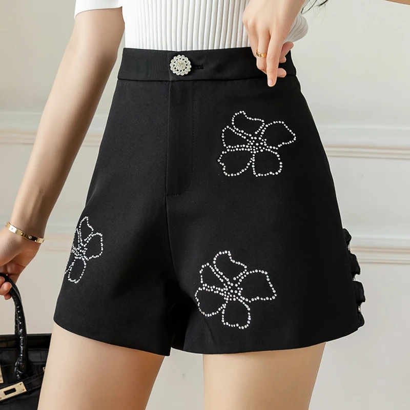 Summer Autumn New Sweet Girls High Waist Rhinestones Wide Leg Women Shorts Ladies A-Line Floral Short Pants