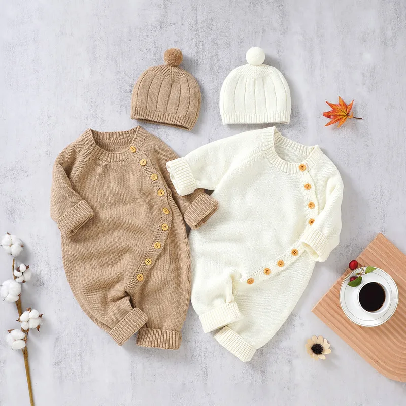 

New Born Baby Boy Girl Clothes Knit Jumpsuit Fall Winter 2023 Warm Long Sleeve Crew Neck Button Closure Solid Romper with Hat