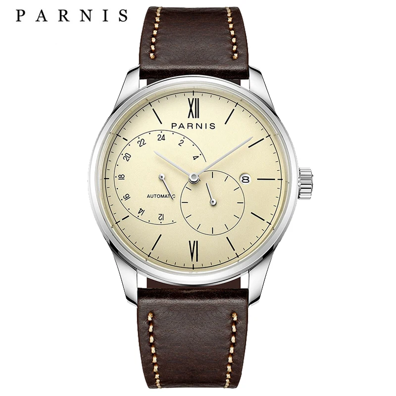

Parnis 41.5mm Automatic Watch Men Ultra Thin Mesh Steel Band Leather Strap Men Mechanical Watches horloge mannen With Box Gift