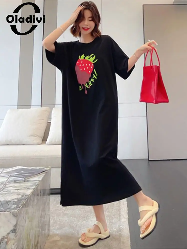 

Oladivi L-3XL Big Size Fashion Strawberry Printed Cotton Dress for Women Korean Ladies Casual Loose Oversized Midi Dresses 6262