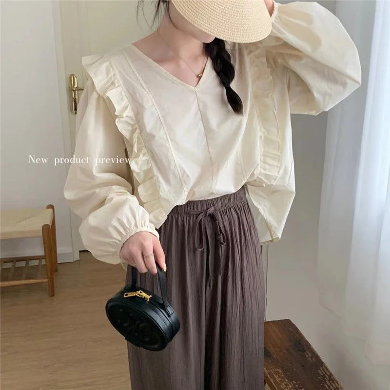 

Blouse 2022 Autumn New V-neck Ruffle Fly Sleeve Sunscreen Loose Harness Long Sleeve Shirt