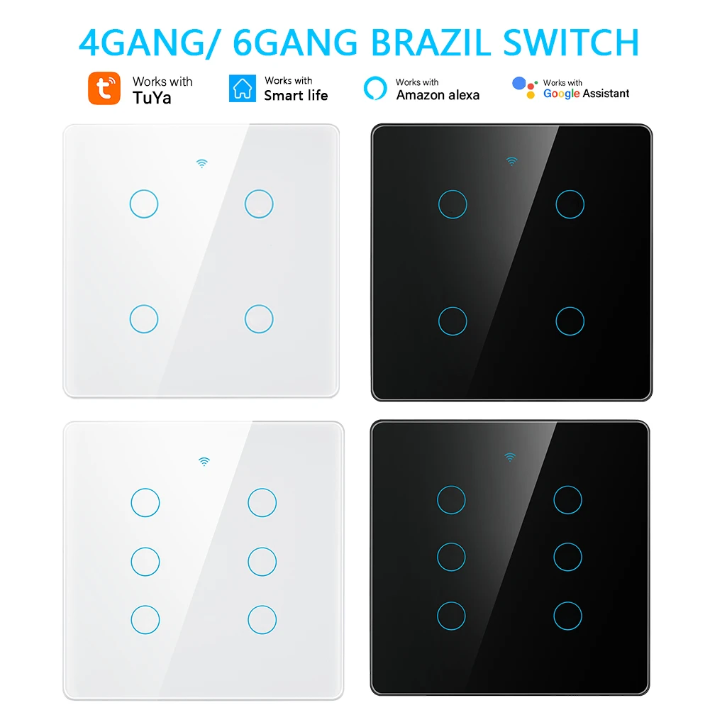 

CORUI Tuya WiFi Smart Touch Switch 4/6gang Brazil Smart Panel Light Switch Capacitor Smart Life APP Alexa Google Home Control
