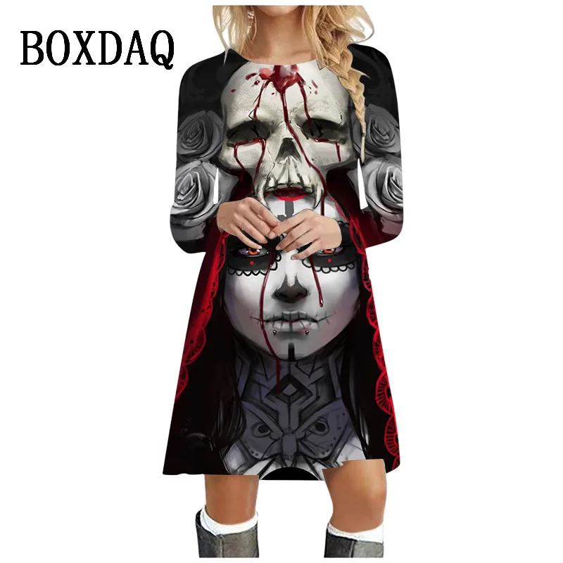 

Fashion Horror Halloween Party Women Dress Casual Skull Pattern 3D Print Long Sleeve Loose A-Line Dress Autumn New Women Vestido