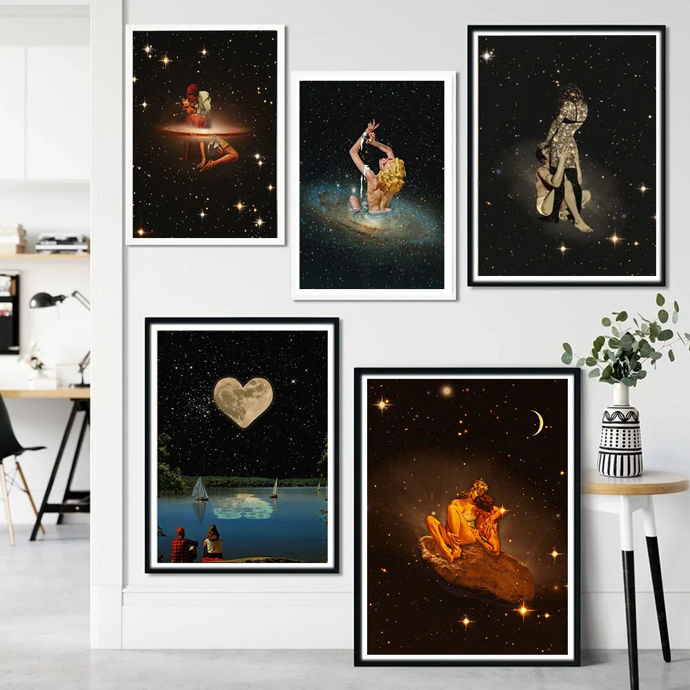 

Surreal Space Poster Prints The Couple Passion In The Stars Cosmic Collage Canvas Painting Wall Art For Living Room Home Decor