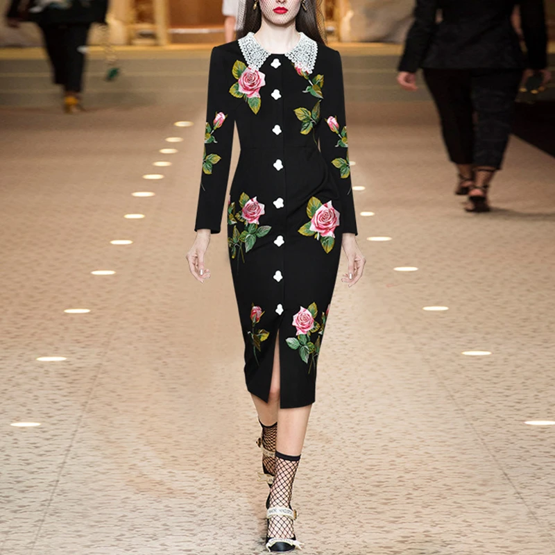 

New Spring Vintage Lace Collar Floral Printed Dresses for Women 2022 Runway Elegant Long Sleeve A-line Slim Dress Vestido Midi