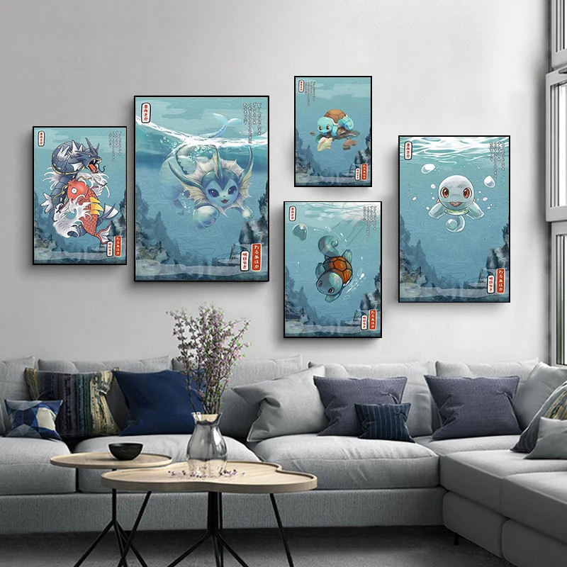 

Покемон Холст Картина гиарадос Magikarp Vaporeon Сквиртл плакат японское аниме мультфильм стены роспись картина домашний декор куклор