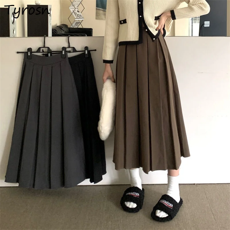 

Юбка женская плиссированная средней длины, свободная элегантная однотонная простая универсальная Повседневная Удобная в Корейском стиле, для студентов, весна