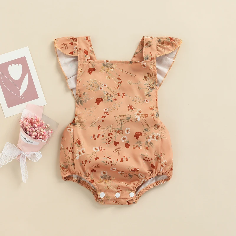 

Baby Girls Playsuits Ruffled Bodysuit Fly Sleeve Square Neck Floral Jumpsuit Infant Toddler Summer Clothes