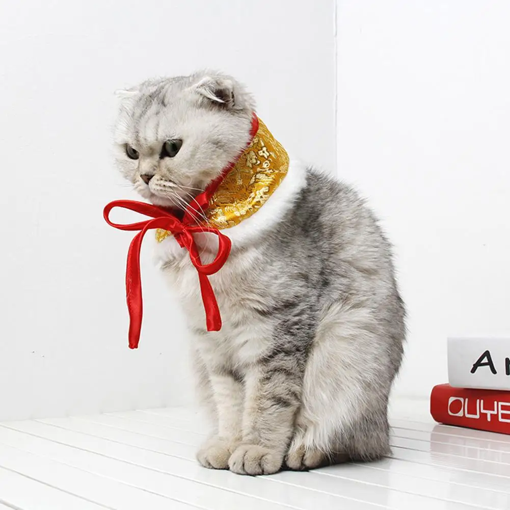 

Pet Furry Collar Bowknot Tie New Year Chinese Tang Dynasty Necktie Adjustable Neckerchief for Cat Dog Puppy Supply 33cm/42cm