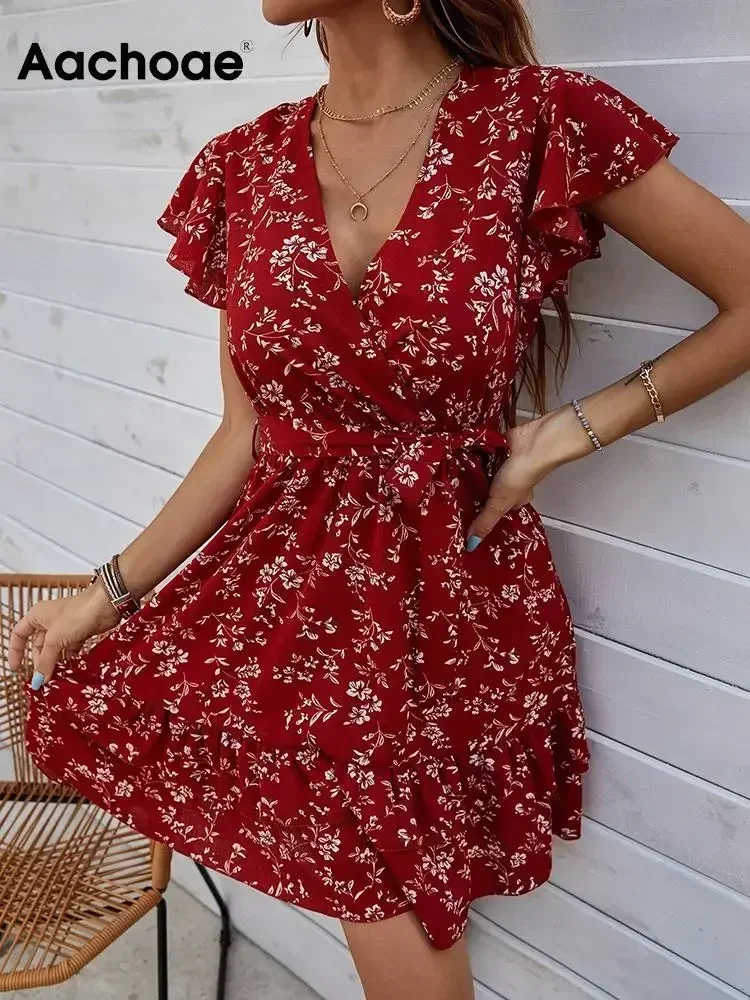 Aachoae-Vestido corto con estampado Floral para mujer минивэтер неформальный de manga corta cuello en V estilo bohemio