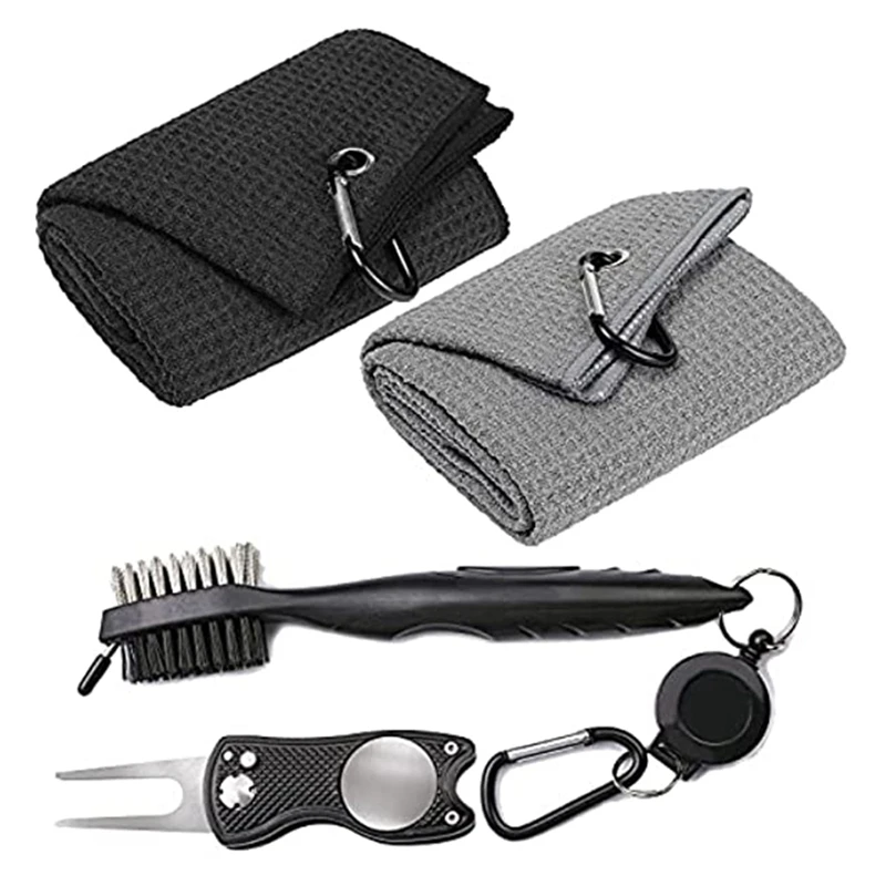 

Tri-Fold Golf Towel 16 X 24 Inch Golf Club Cleaning Towel Hook Towel Club Cleaning Brush Green Fork Set