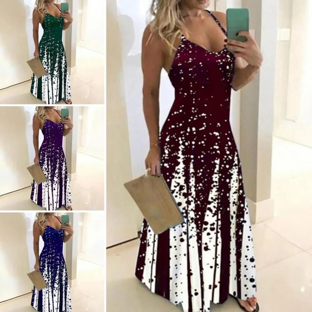 

Elegant Sexy Lady Dress Spaghetti Straps V-neck Long Dress Large Hem Dot Print Girls Summer Sling Dress Streetwear for Party