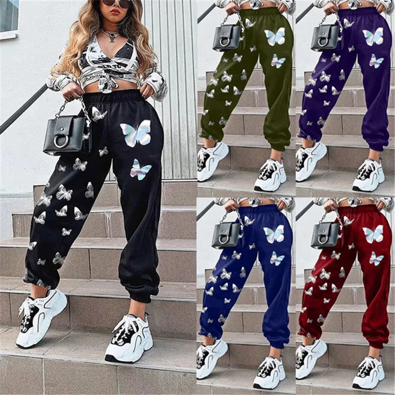 

Mandylandy Women Elegant Autumn Winter Sweatpants Fashion Female Y2K Sport Elastic High Waist Loose Butterfly Print Pencil Pants