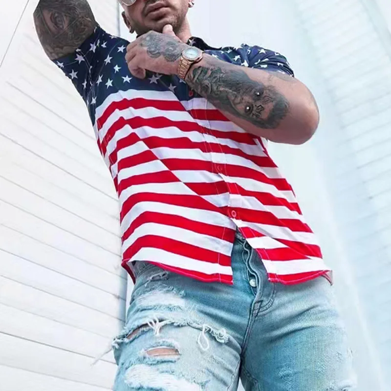Men's New Fashion Casual American Flag Top Short Sleeve Beach Flower Shirt