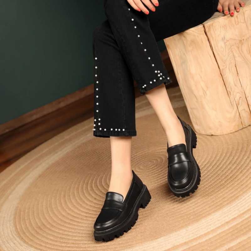 2023 Women British Style Shoe Thick Soled College Lady Footwear Casual Loafers Spring Autumn Genuine Leather Fashion Girls Shoes