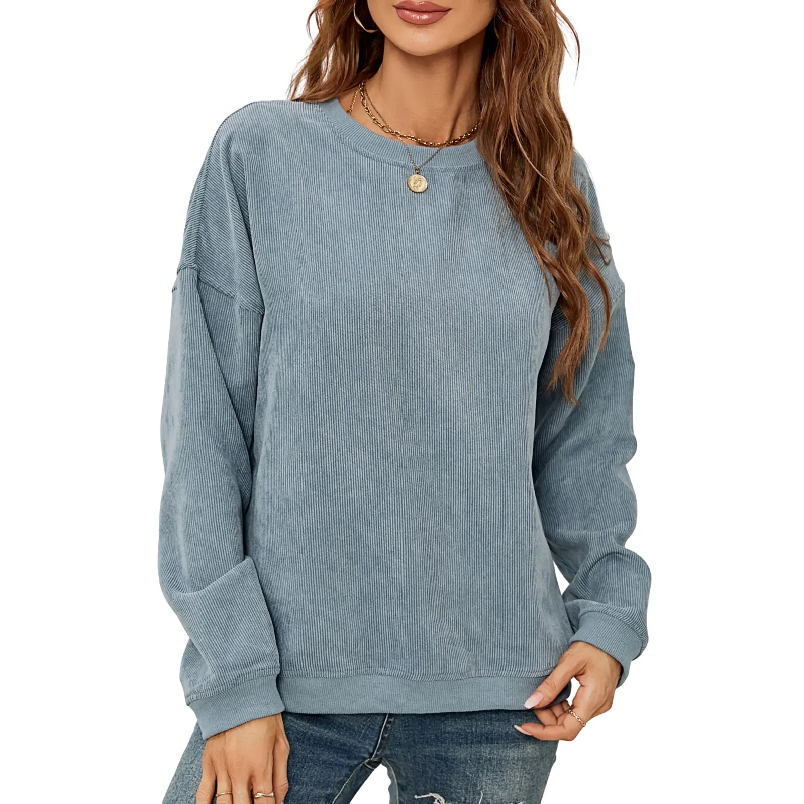 

Women’s Solid Color Corduroy Sweatshirts Long Sleeve Casual Crew Neck Pullover Tops Fall