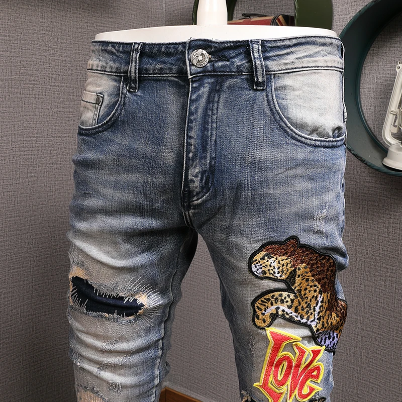 Streetwear Fashion Men Jeans Retro Blue Stretch Slim Fit Vintage Ripped Jeans Men Leopard Patch Designer Hip Hop Pants Hombre