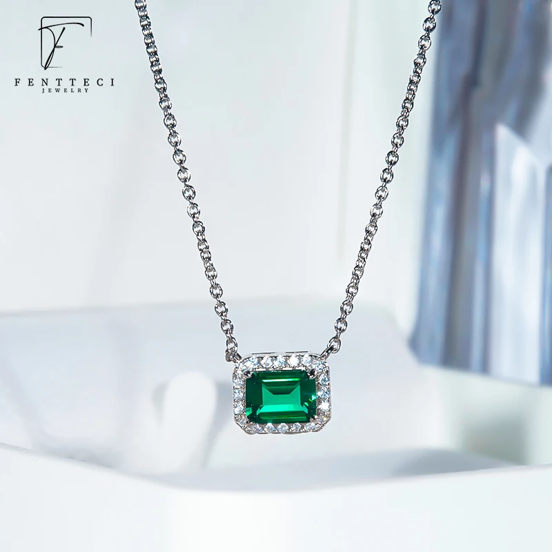 FENTTECI 925 Sterling Silver Vintage Emerald Necklace Female Court Style Clavicle Chain Square Emerald Pendant Fine Jewelry Set
