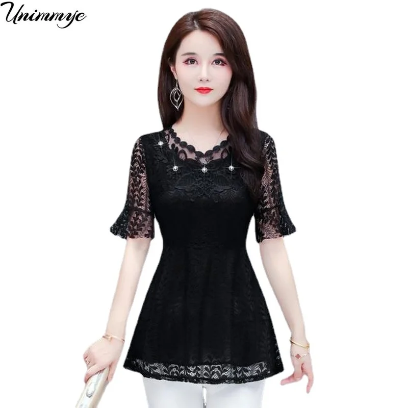 

Women Summer Style Black Lace Blouses Shirts Lady Casual Trumpet Sleeve Solid Color Lace Blusas Tops T-shirt Woman Clothes