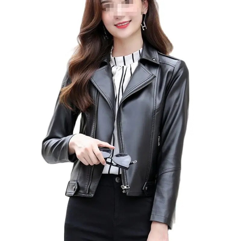 

Новинка Весна 2023, кожаное пальто, женская короткая куртка с коротким костюмным воротником, Корейская версия, облегающая универсальная мотоциклетная кожаная куртка