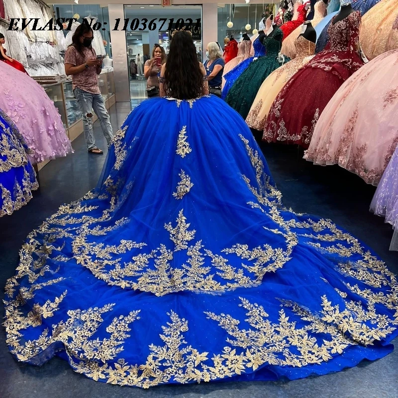 Блестящее Королевское синее платье EVLAST Quinnceanera бальное золотистый Звездный