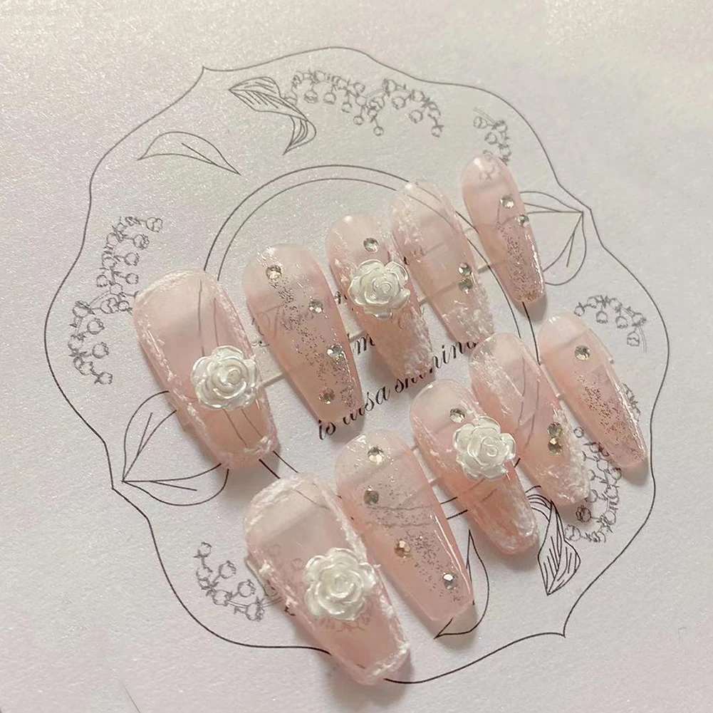 

24PCS Long Press on Manicure Rhinestone3D White Flowers Sweet Style Unhas Full Coverage Nails Removable with Jelly Gel Glue