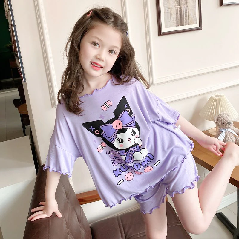 

Sanrios Modal Nightdress Little Teen Girl Pajamas with Shorts Cute Children Cartoon Summer Nightgown Home Clothes Kids Sleepwear