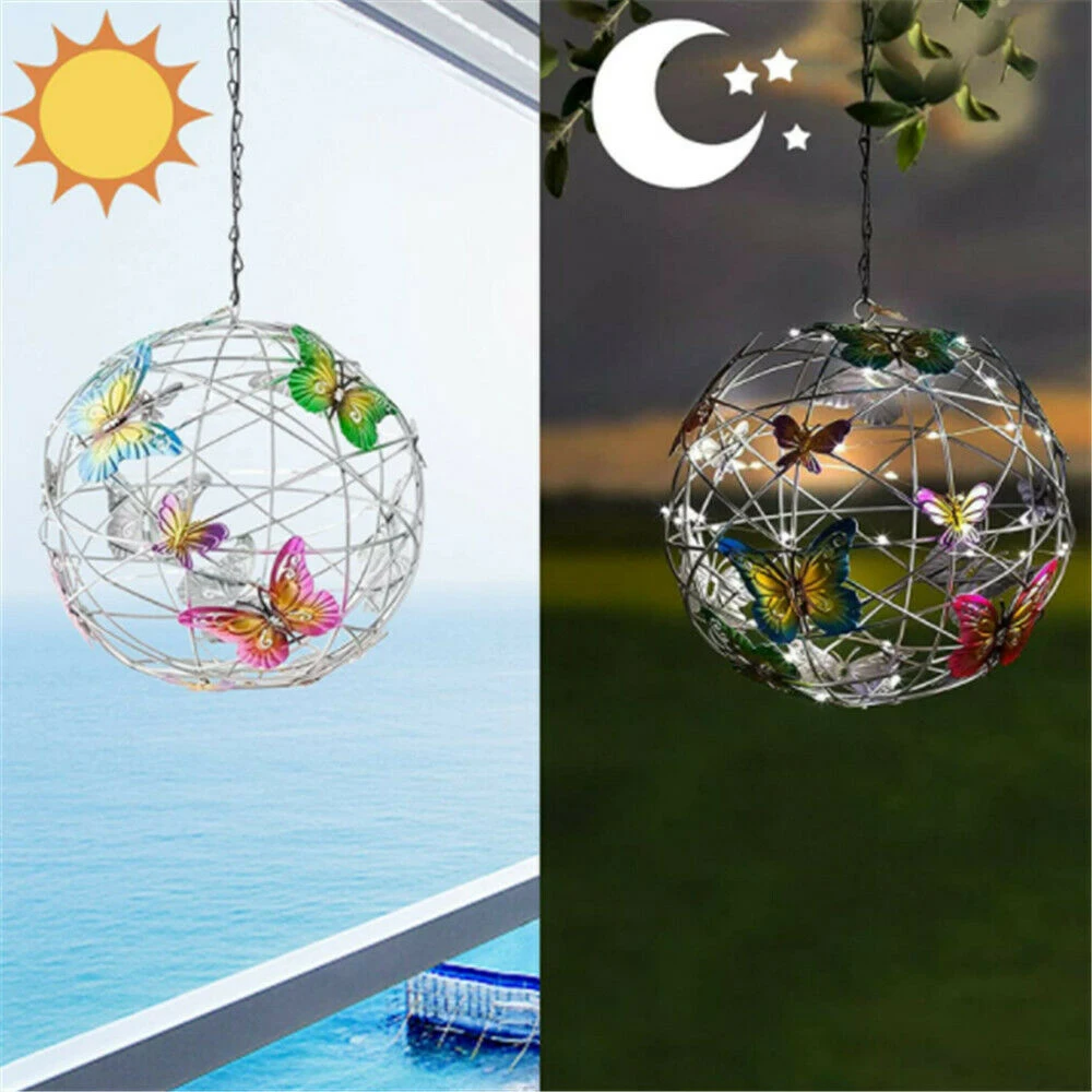 

Butterfly Metal Ball Hanging Solar Light With Waterproof Weaving Lamp Garden Decoration Outdoor Suncatchers