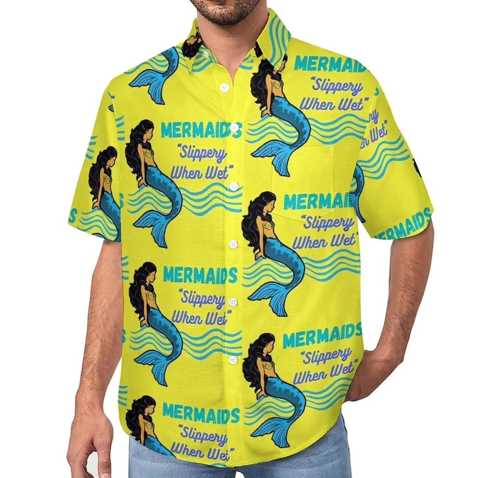 

Mermaids Blouses Mens Slippery When Wet Casual Shirts Hawaiian Short Sleeves Graphic Retro Oversized Beach Shirt Gift Idea