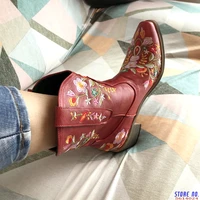 retro cowboy boots low heel autumn winter women shoes cool british embroidered design western short boots party femmes bottes