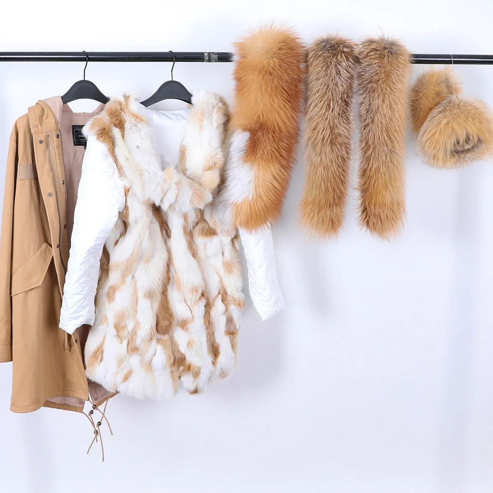 2022 Fashion Winter Jacket Women Real Rabbit Fur Coat Natural Real Fox Fur Collar Loose Long Parkas Big Fur Outerwear Detachable