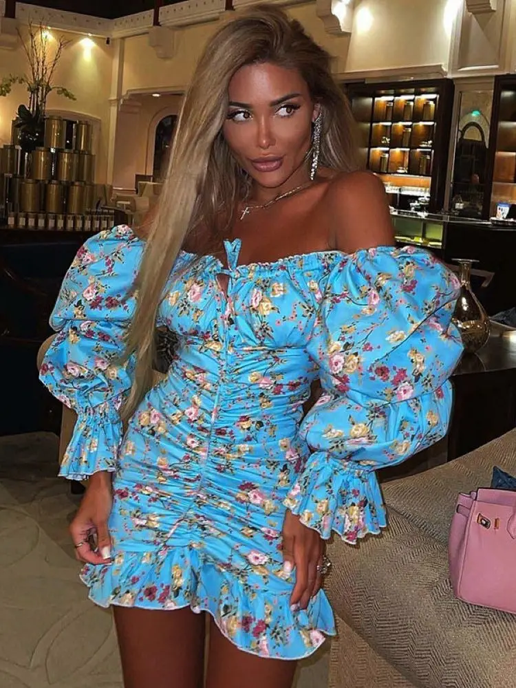 

Fashion Smocked Ruffled Floral Off Shoulder Dress Women Robe 2022 New Spring Summer Bohemian Print Long-sleeved Wrap Chest Dress