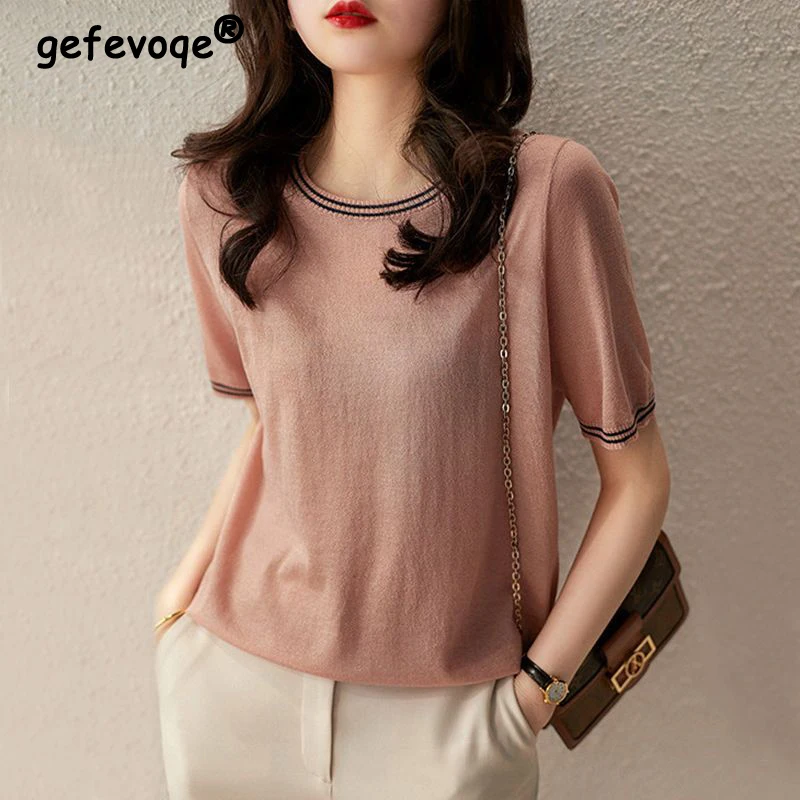 

Women Striped Patchwork Simple Elegant Basic Knitted T-shirt Summer Trendy Office Lady Short Sleeve Soft All Match Pullover Tops