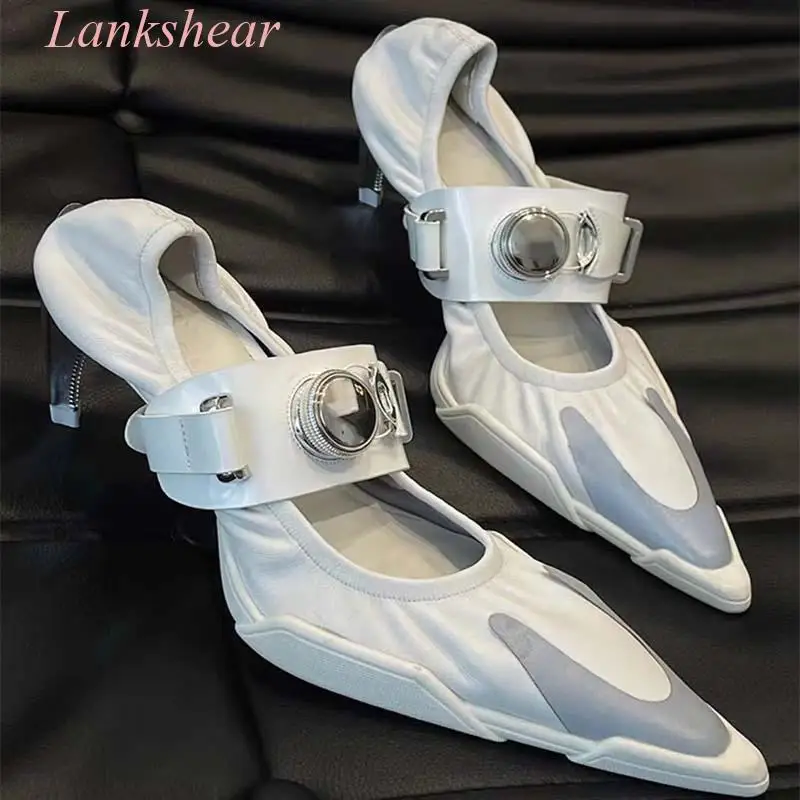 Женские Новые Белые балетки 2024 туфли Muller с острым носком и одной пряжкой на