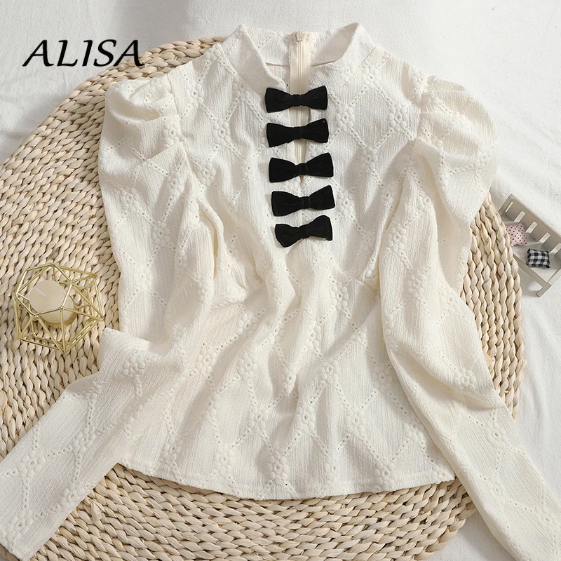

Elegant Bow White Blouse Women Spring Autumn Hollow Out Puff Sleeve Shirts Ladies Fashion Tops