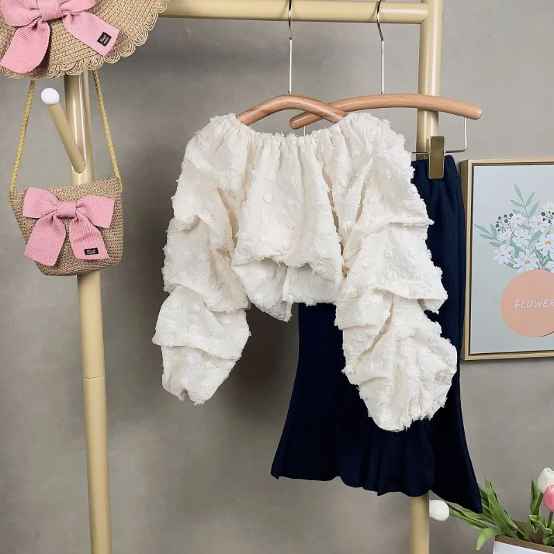 

Fall Autumn Girls Clothing Set Long Sleeves Irregular Flower Bubble Top + Fashion Slit Flared Pants Children Clothes Set 3-7T
