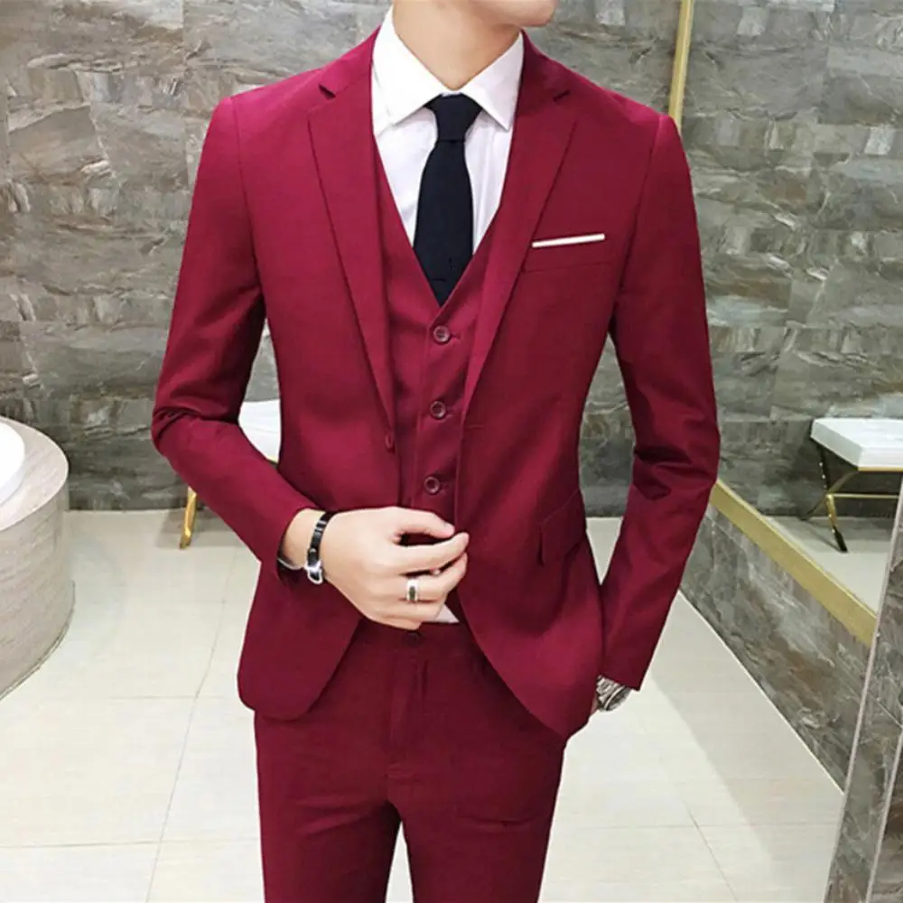 

M - 6XL 3Pcs Men Suits Plus Size Solid Color Wedding Business Office Formal Blazer+Vest+Pants Set мужской костюм costumes homme
