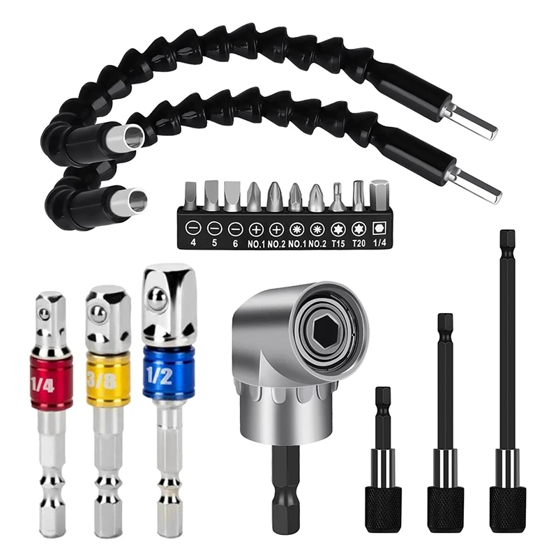 

1Set Universal Black 19-Piece Hex Handle 105° Right Angle Drill Bit Attachment 3-Piece 1/4 3/8 1/2Inch Socket Adapter Kit