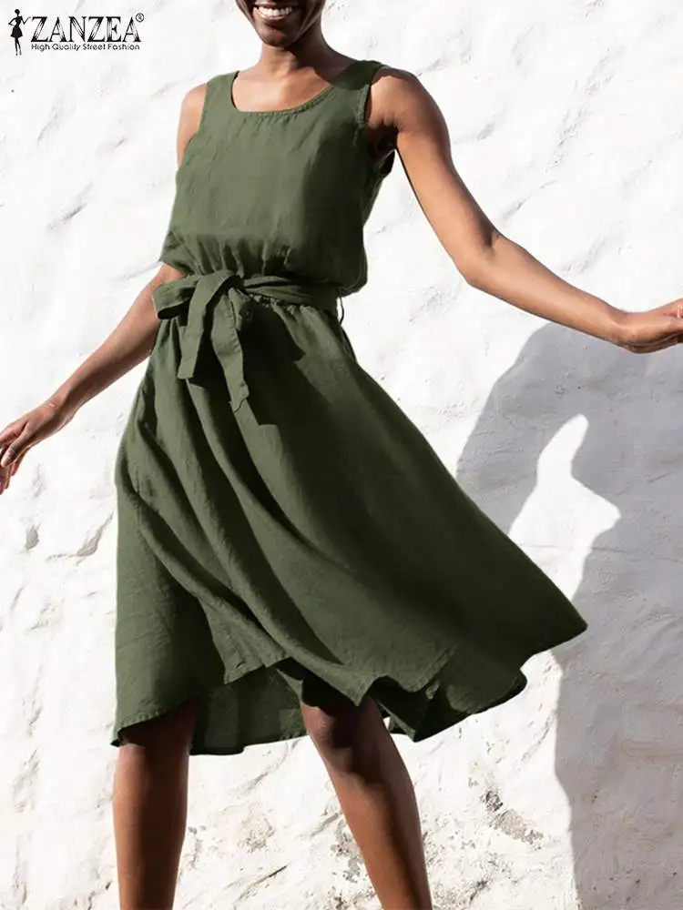 

ZANZEA Summer Women Sleeveless Knee-length Dress Elegant Loose Vestido Beach Sarafans Solid Bleted OL Work Sundress Robe Femme