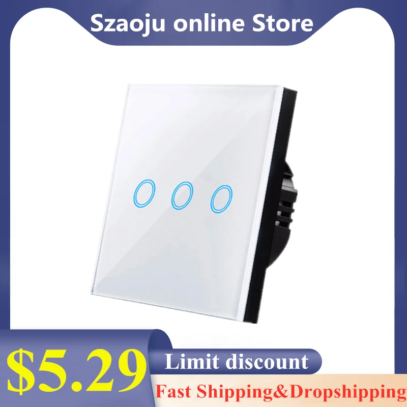 

Szaoju Touch Switch Led Switches Wall Light Switches Tempered Black White Crystal Glass Panel 1/2/3 Gang 1 Way Power Switches
