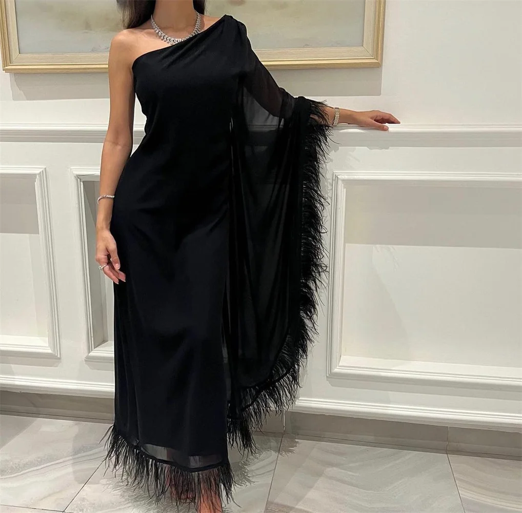 

Noble Popular Black One Shoulder Prom Dress Ankle Length With Feathers Evening Summer Party Dress For Women2023