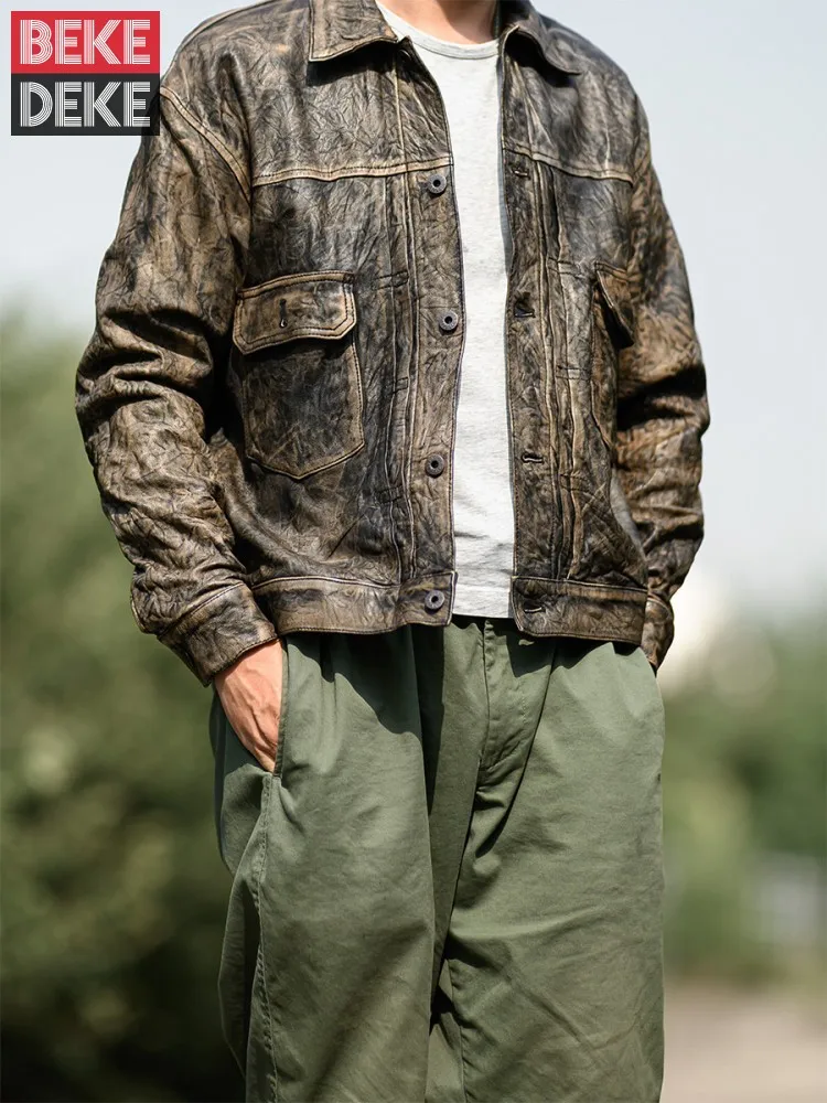 Мужская винтажная куртка из мятой натуральной овечьей шкуры осенняя однобортная