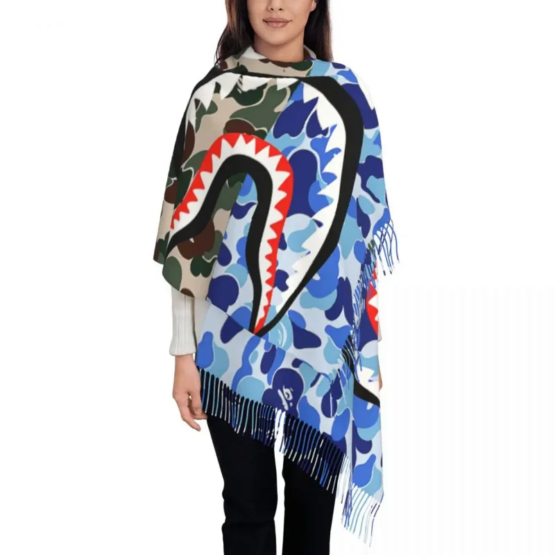 

Женский Камуфляжный шарф «Акула зубы», длинный теплый шарф с кисточками, камуфляжные шарфы унисекс на осень и зиму