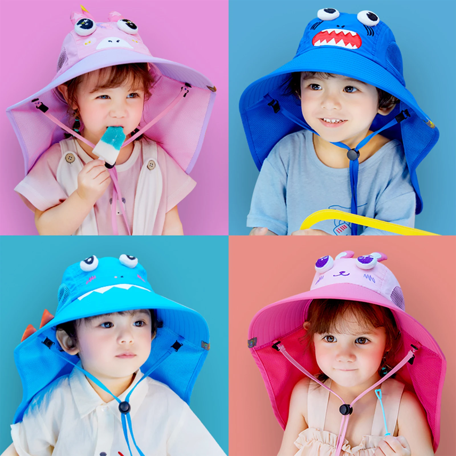 

Children Fisherman Hat Cartoon Animal Wide Brim Sun Protection Cap Summer Adjustable Chin Strap Sunshade Sunscreen Hats