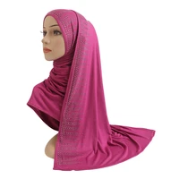 h203 cotton jersey muslim long scarf with rhinestones modal headscarf islamic hijab shawl arabic rectangular headwrap lady wear