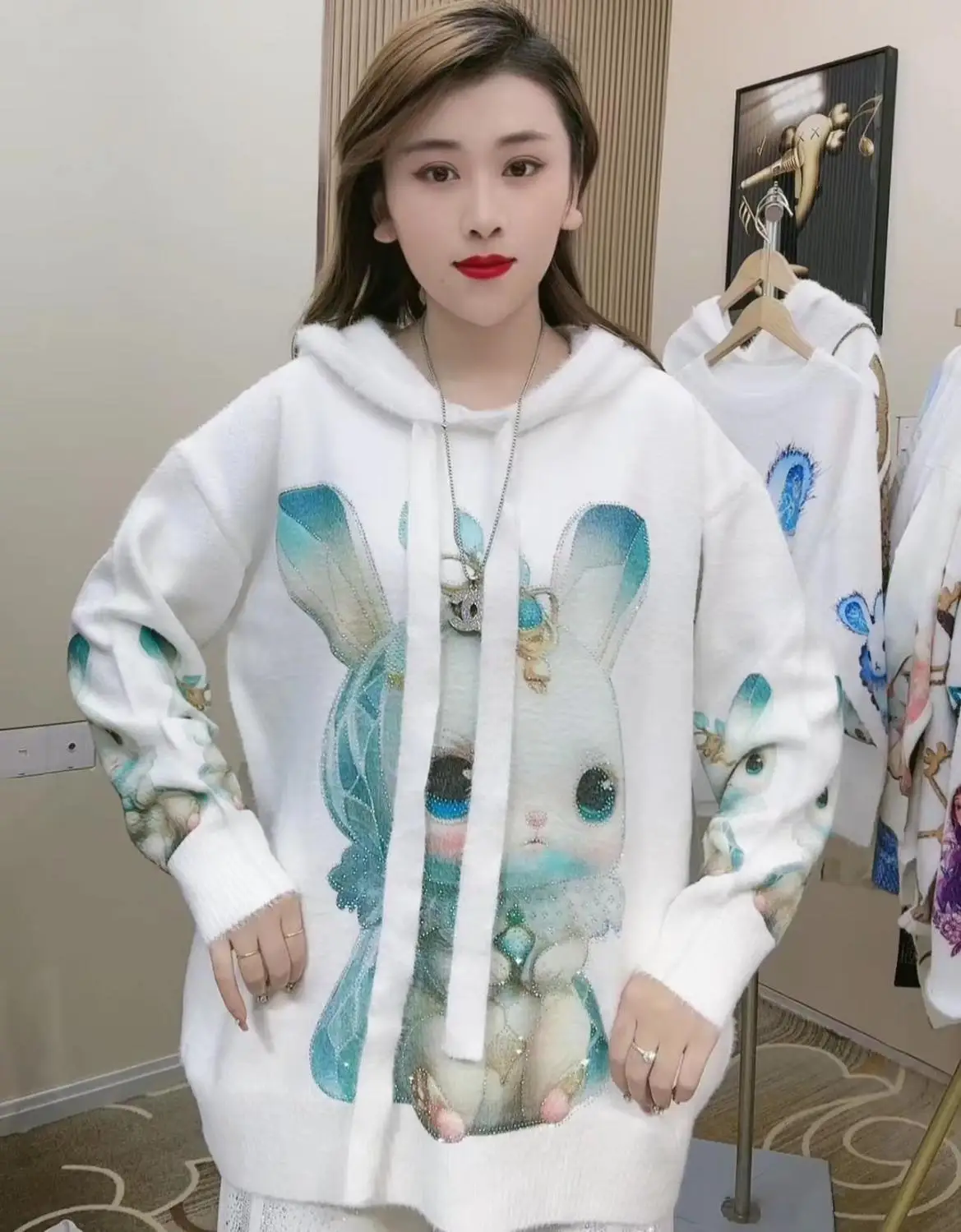 

Spring Fashion Anime Rabbit Hot Drill Hoodies Sweater Coat For Women Long Sleeve High Street pullover kawaii Knitted Hoodies Top