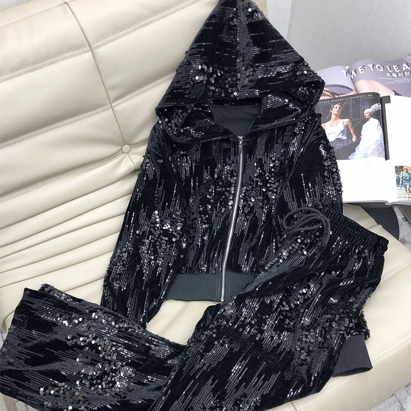 

23 Women 2 Piece Pants Suit Long Sleeve Zipper Slim Hooded Wide Leg Trouser Fashion Solid Color Casual Sequins Velvet Tracksuit