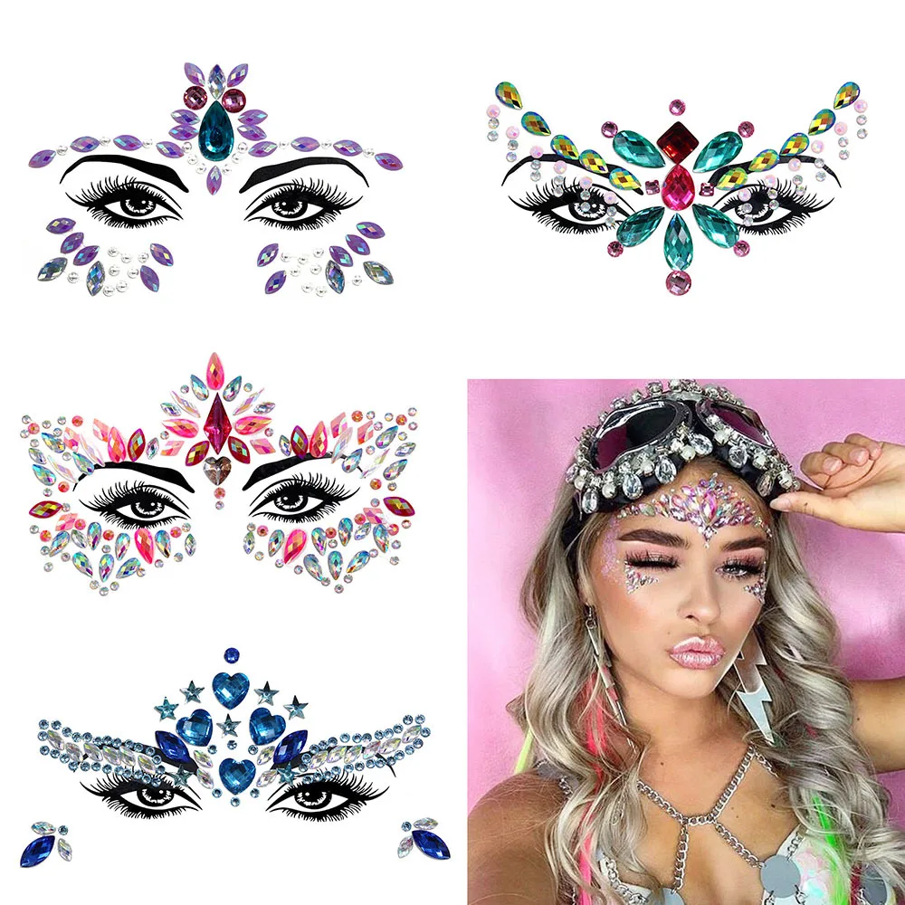 New 3D Pearl Crystal Sticker Music Festival Shiny Face Decoration Party Fashion Acrylic Drill Sticker Temporary Tattoo Stickers