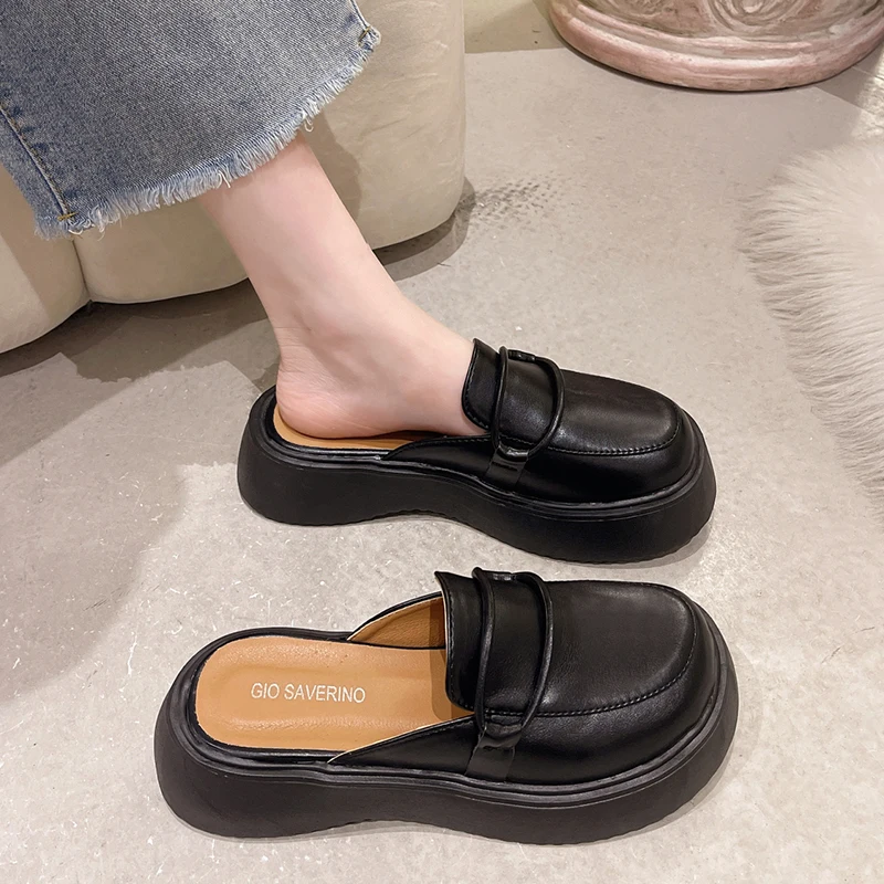 

Cover Toe Med Shoes Ladies' Slippers Platform Slipers Women Female Mule 2023 Mules Flat Basic Retro Rubber Rome Slides PU