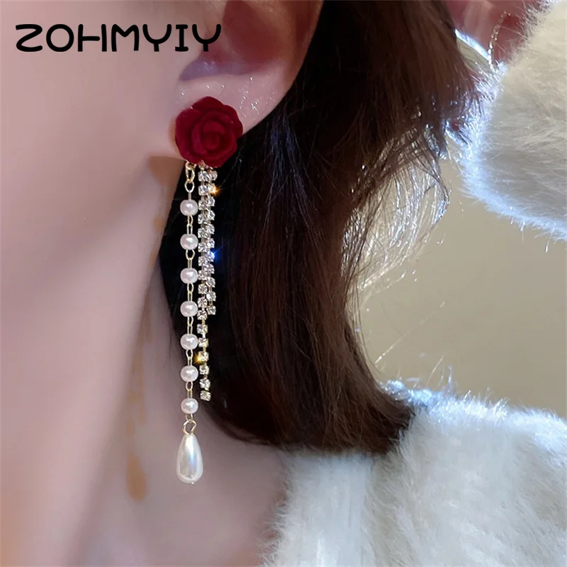 Винно-красные флокированные Серьги-кисточки с бантом и жемчугом для женщин